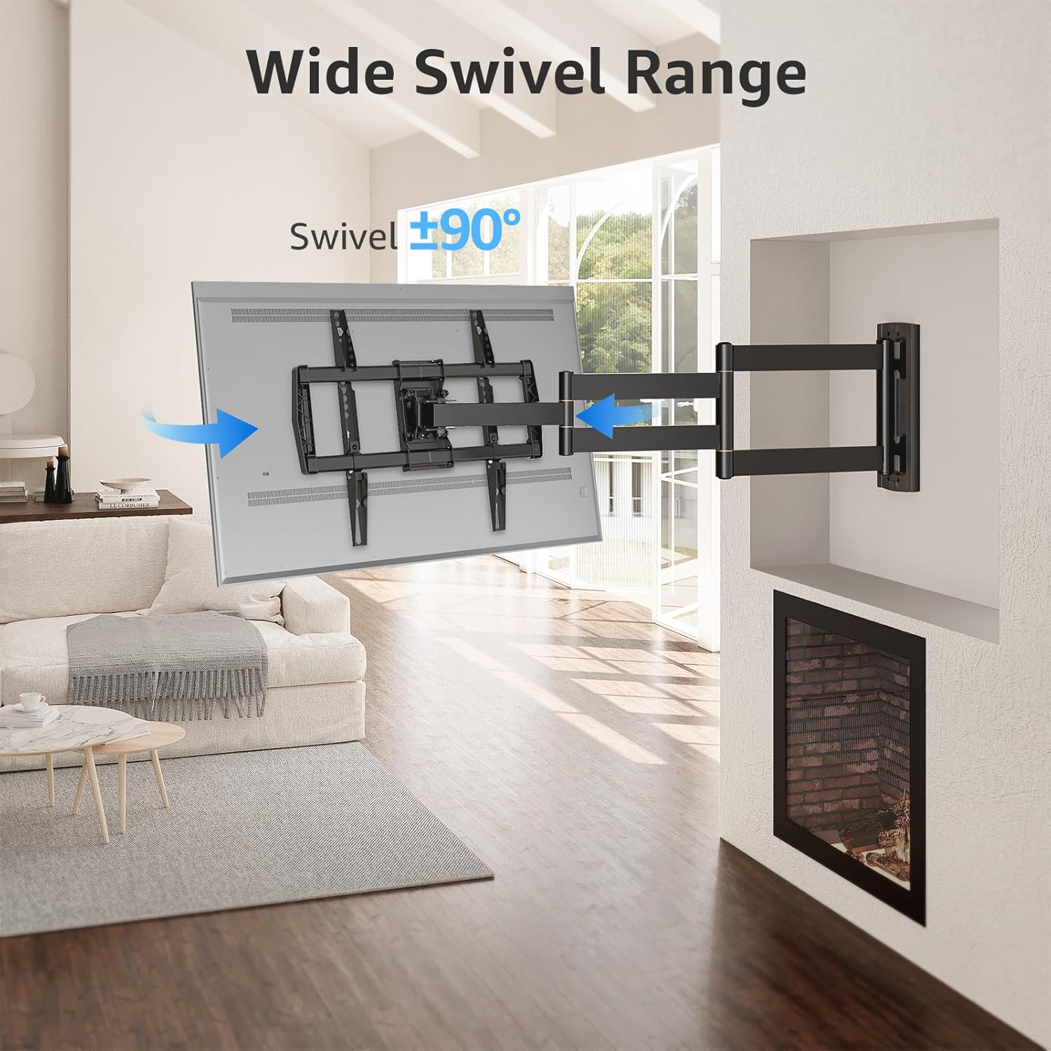 Wall mounted TV showing wide swivel movement