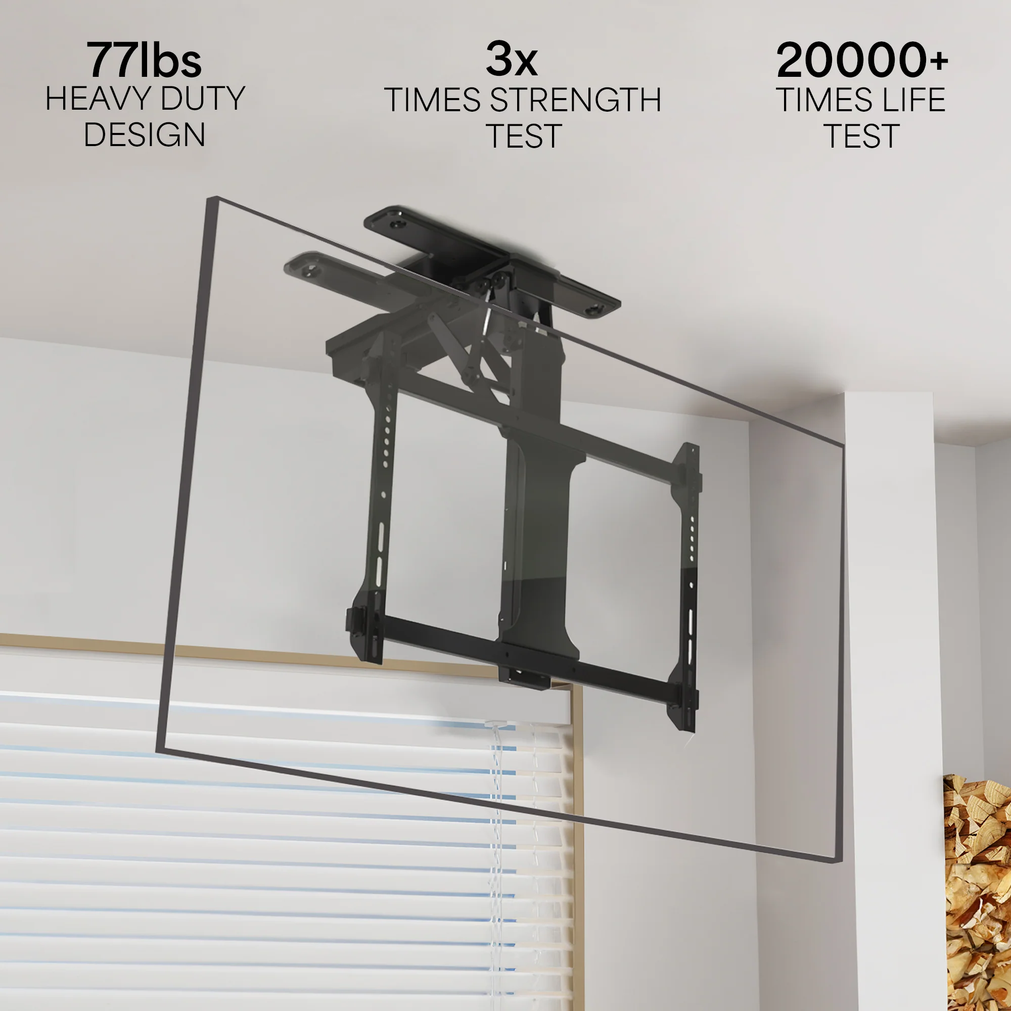 Ceiling mounted TV bracket setup in a room