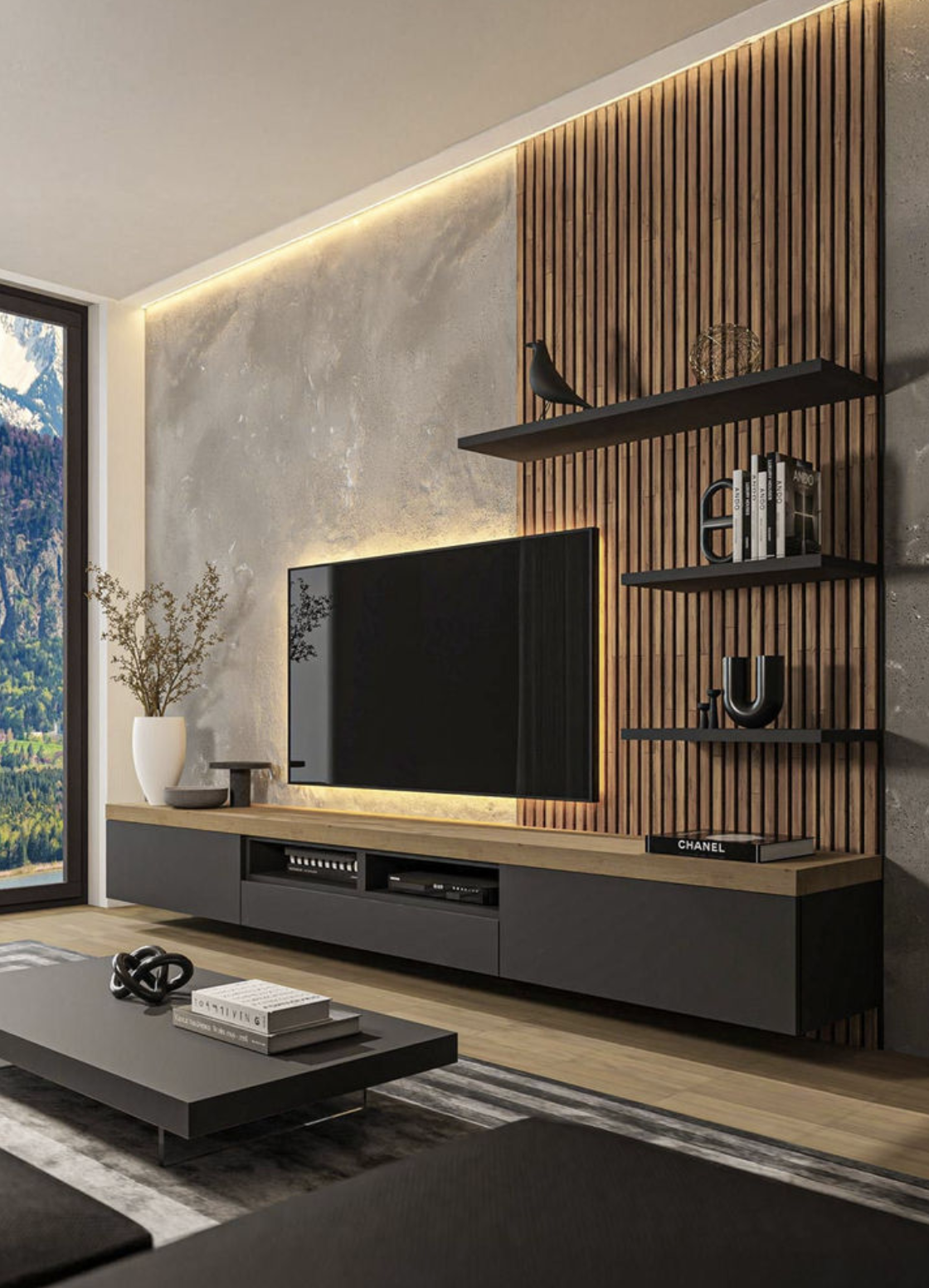 Custom TV wall panel design with mounted television and shelves